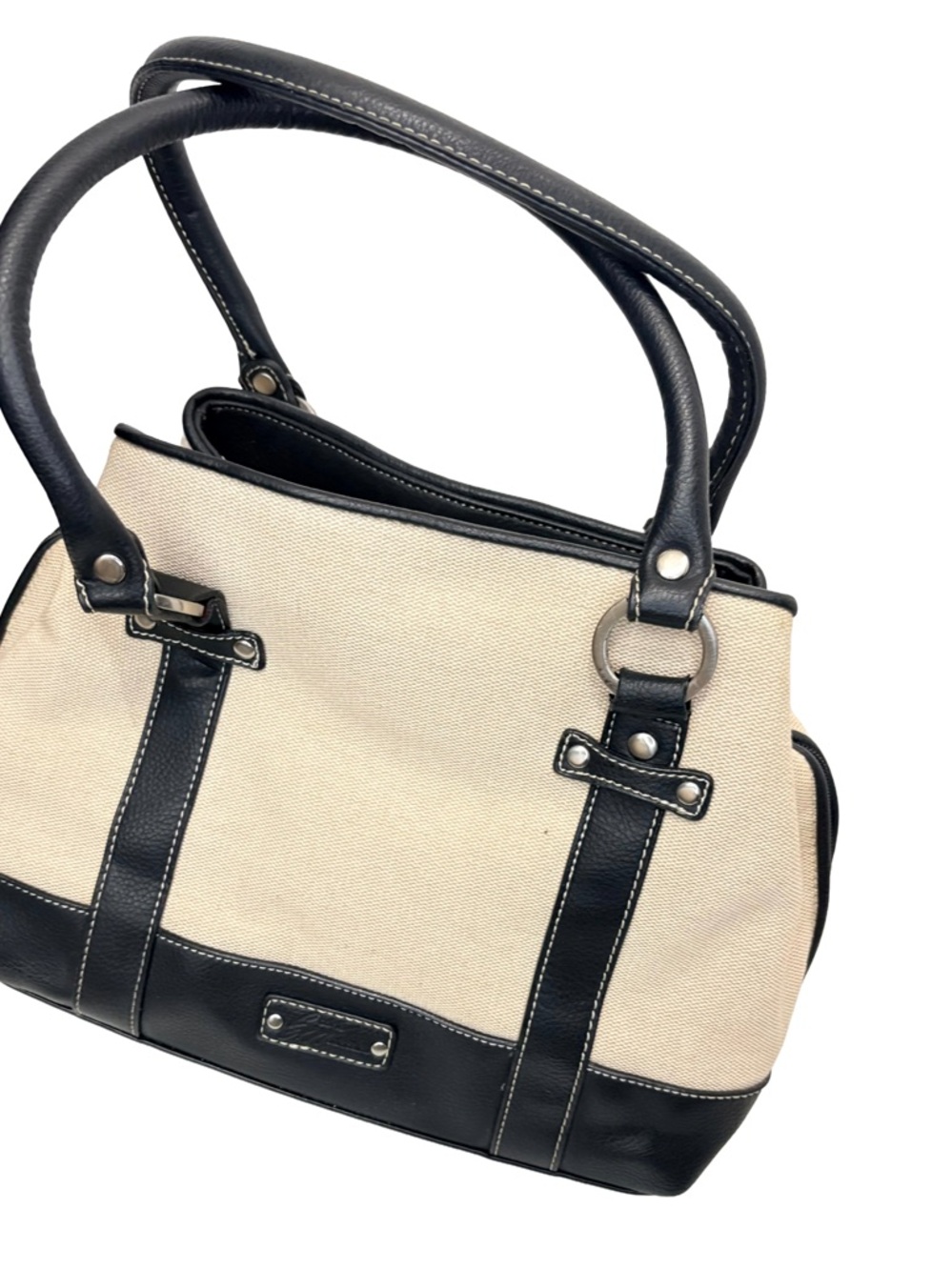 Stone Mountain Cream Canvas & Black Vegan Leather Handbag NWOT. Shoulder Bag